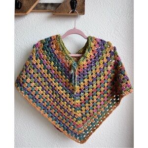 Hand Knit Colorful Cropped Poncho